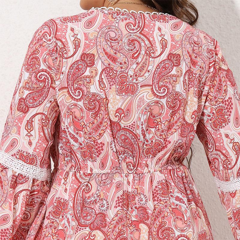 Vår och Höst Dam Plus Size Etnisk Stil Tryckt Klänning Patchwork V-Hals Långa Klänningar