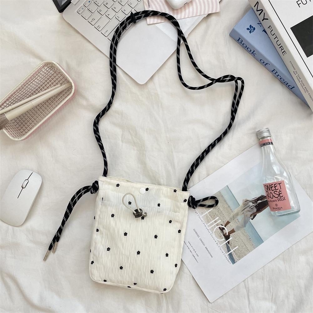 Casual Drawstring Canvas Crossbody Bag Lightweight Small Coin Purse Floral Print Shoulder Bag Women Girl белый