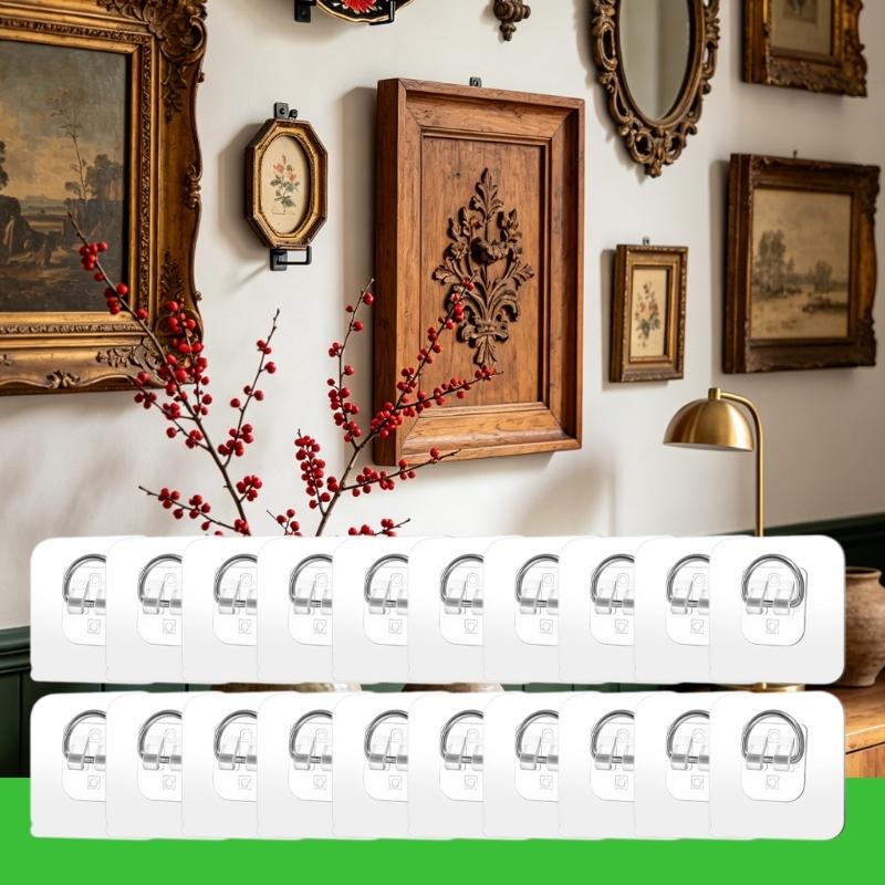 20Pcs Easy Installation Invisible Plate Hangers Strong Adhesive D Hooks For Wall Mounting Pictures Frames Kitchenwares