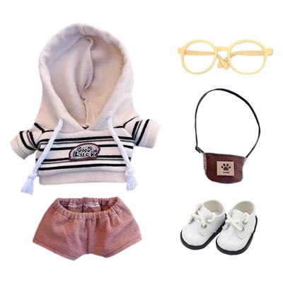 Niannyyhouse 10cm, 15cm, 20cm Plüschtierkleidung: Kapuzenpullover, Hose, Brille, Rucksack, Lederschuhe, Gestreifter Anzug, Baumwollpuppen-Ankleide (Beige-15cm)