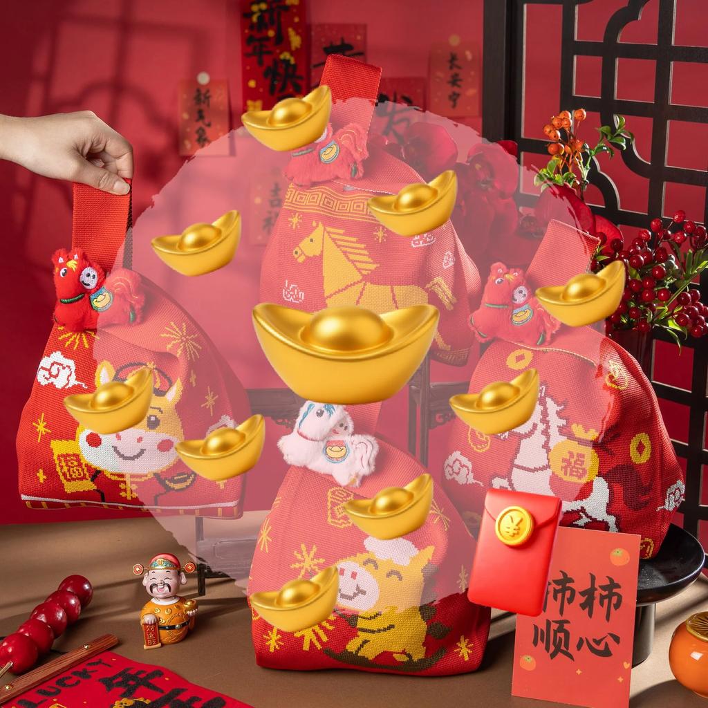 2026 Horse Year Cartoon Mascot Pony Knitted Gift Bag Handheld Candy Bag Knot Wrist Bag Cute Tote Bag Reusable Shopping Bags