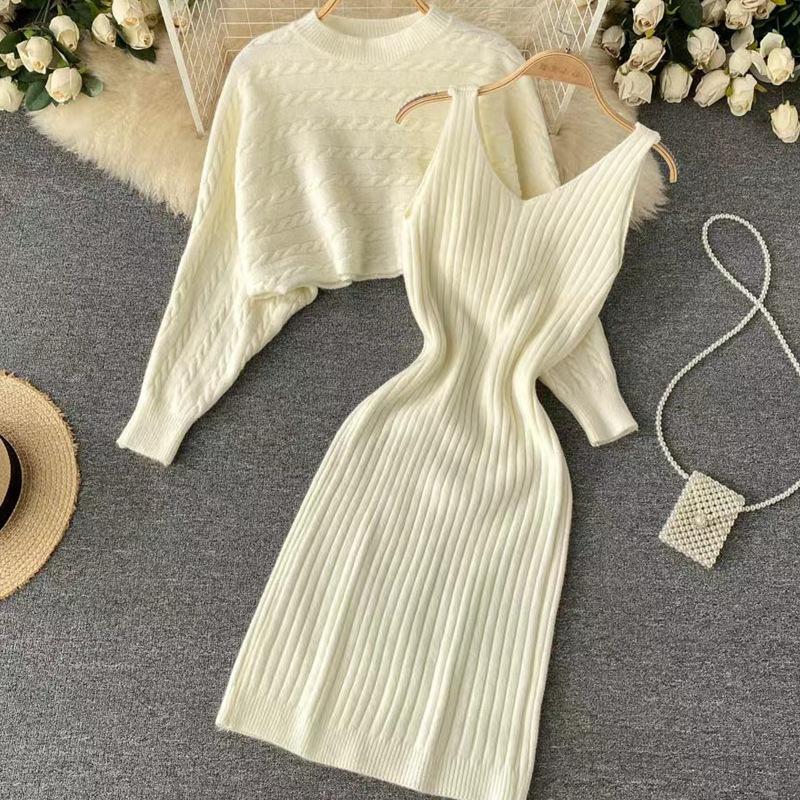 Autumn and winter lazy wind sweater women's loose blouse top two-piece set knitted suspender vest dress
