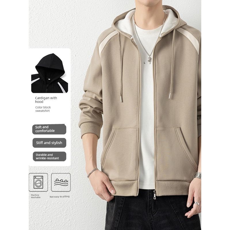 Foreign Trade Surplus Casual Hooded Zip-Up Sweatshirt for Men, New Spring and Autumn Color-Blocking Student Versatile Sports Loose Jacket