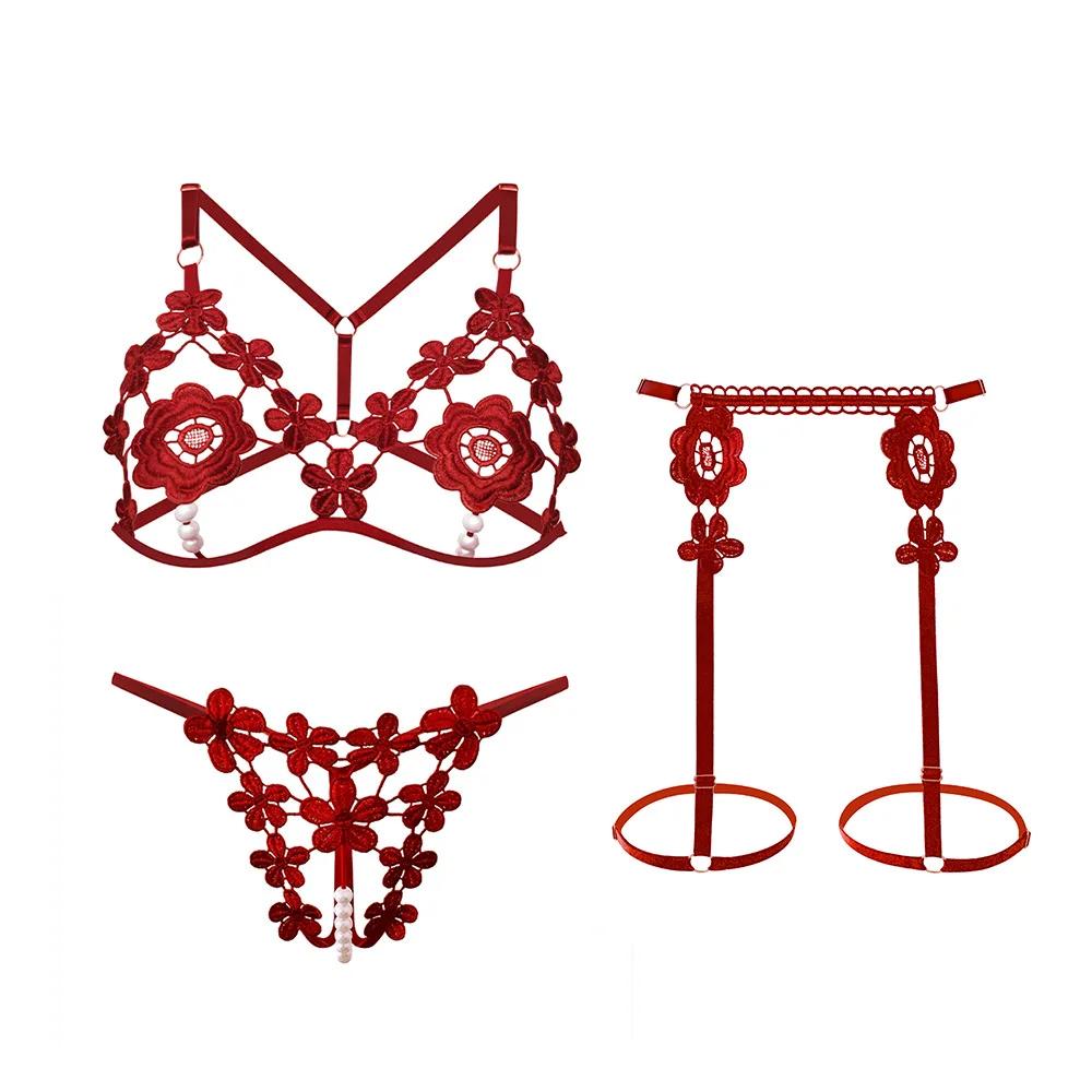 3 Piece Erotic Costumes Pearl Embroidered Open Bra Thong Garter Set Sexy Lingerie Set For Women See-Through Porn Fancy Underwear