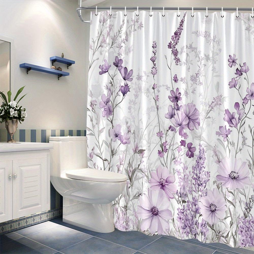 1-Pack Pastel Floral Cosmos Shower Curtain - Purple and Lavender Ombre Botanical Print Polyester Fabric, Hooks, Machine Washable