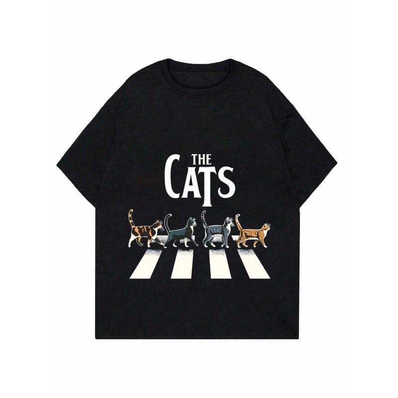 Women Casual T Shirt Black The Cats With Cats Crossing Road Print For Daily Wear And Pet Lovers