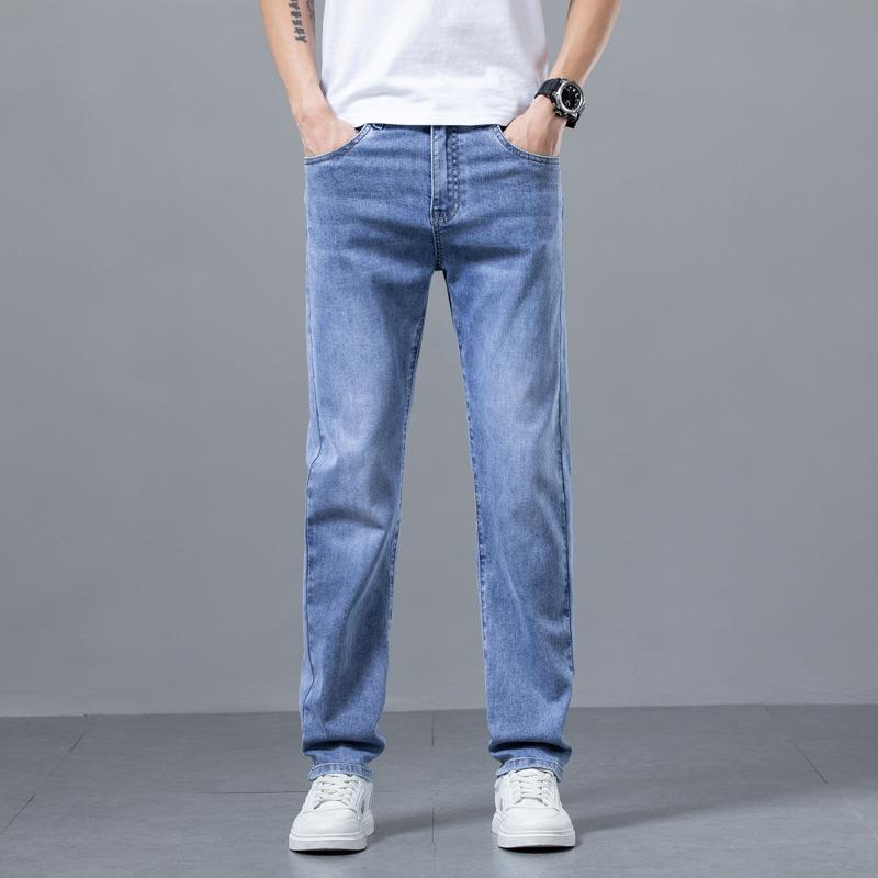 Summer Thin Washed Light Colored Jeans For Men With Stretch, Slim Fit, Straight Leg, Casual, Versatile, Slimming And Long Pants