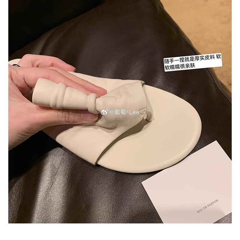 Cowhide version~ Grape mother, the same minimalist old money wind wide upper cowhide pleated versatile thick heel sandals slippers women