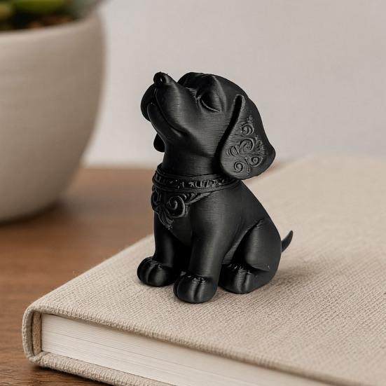 3D Printed Sitting Dog Figurine Modern Black Puppy Decorative Statue Animal Shape Sculpture