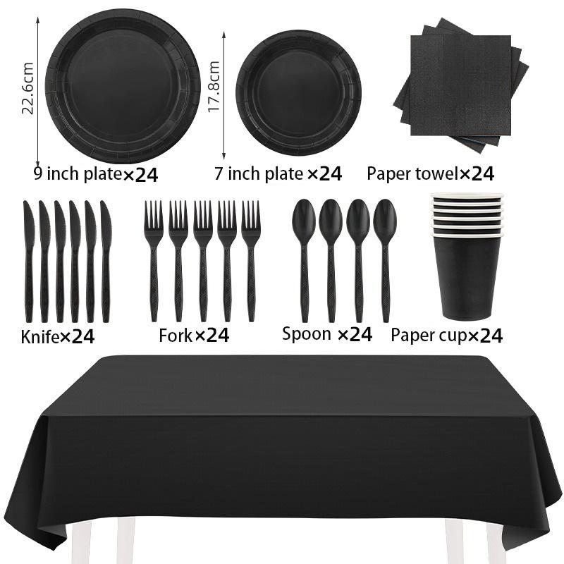 Solid Black Theme Cutlery Birthday Party Paper Disposable Tableware Paper Napkins Cups Plates Tablecloth Fork Spoon Party Decor