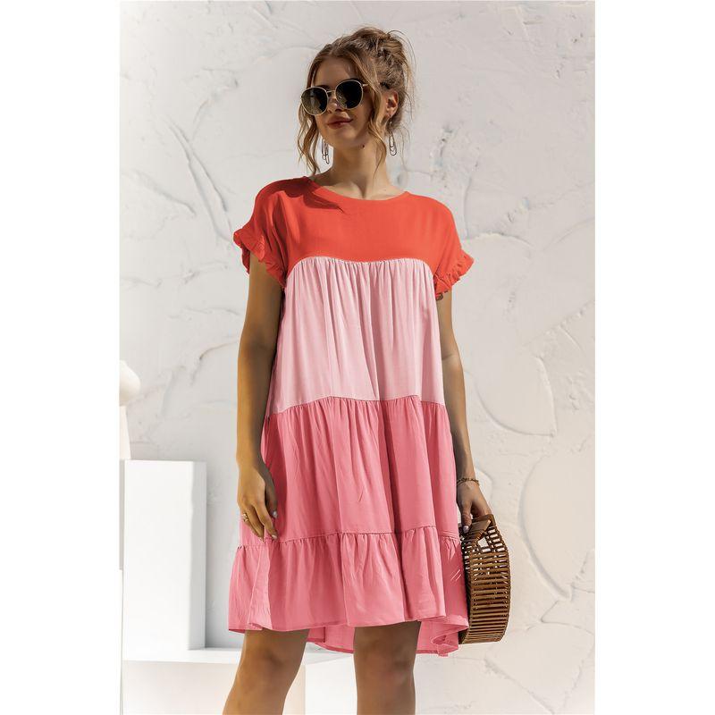 

Casual Patchwork Color Is a Loose Dress Casual Loose Multicolor Dress Pink XL