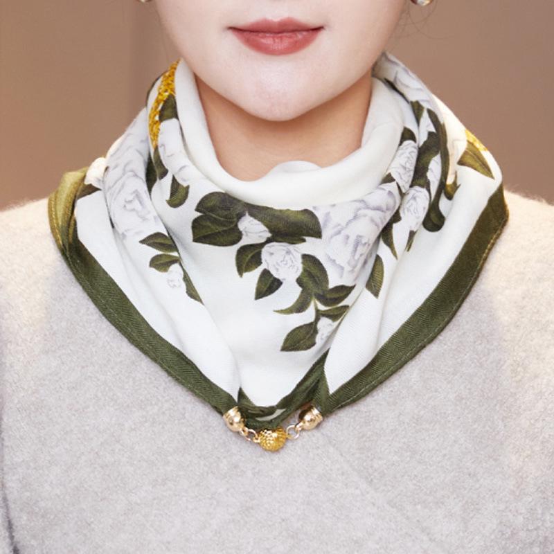 Women's 65" Silk Square Scarf with Magnetic Buckle – Autumn/Winter Print, Fashionable & Versatile Triangle Snood