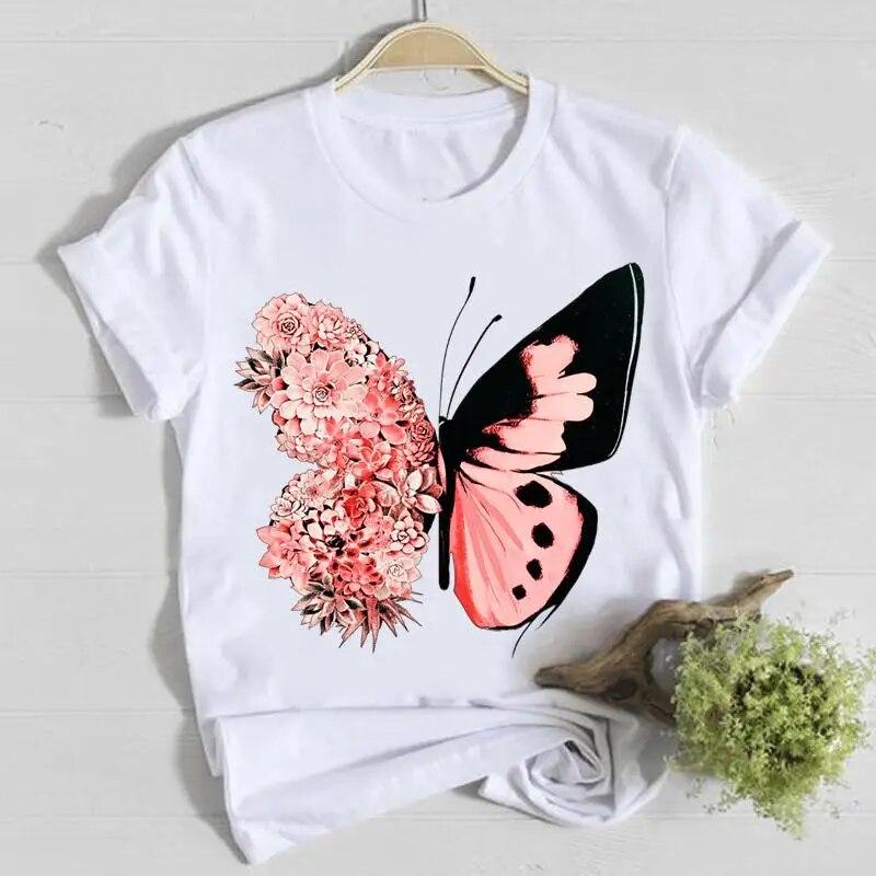 Butterfly Cute Sweet Lovely Casual Tee Top Short Sleeve Shirt Lady Clothes Fashion Tshirt Summer Female T Women Graphic T-shirts