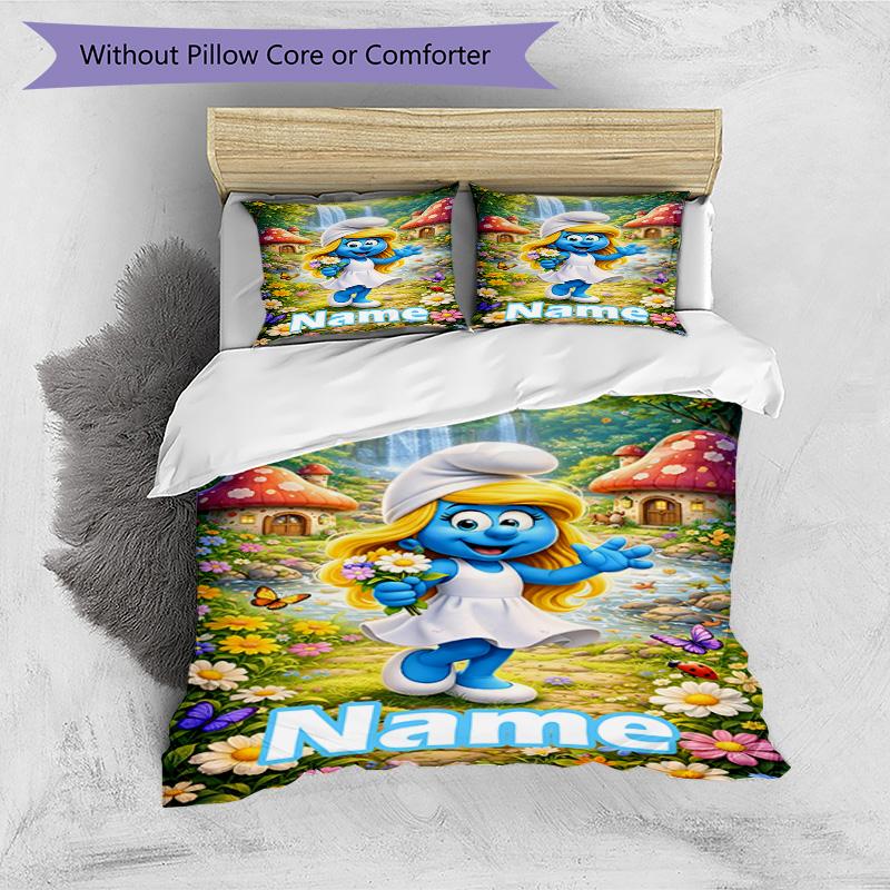 3pcs Duvet Cover Set (1*Duvet Cover + 2*Pillowcase, Without Core), Custom Name Blue Smurfs Pattern Bedding Set, Home Bedroom Decor Gift