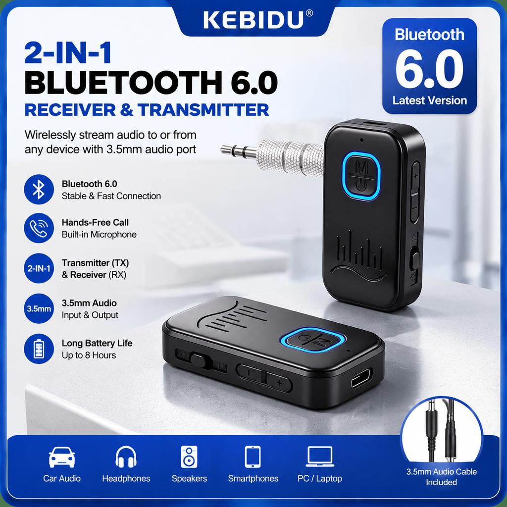 KEBIDU 2-In-1 Handsfree Car Kit Bluetooth 6.0 Receiver Transmitter 3.5mm AUX Lossless Sound MIC Wireless Audio Adapter For Car Speaker TV PC