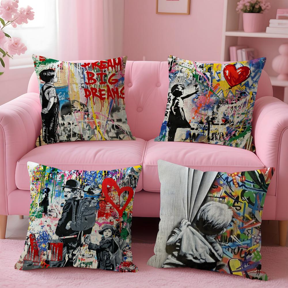 B-Banksy Street G-Graffiti Art Cushion Cover Natural Linen Organic Fabric Double-Sided Printing Sofa Home Decor Gift Pillow Case
