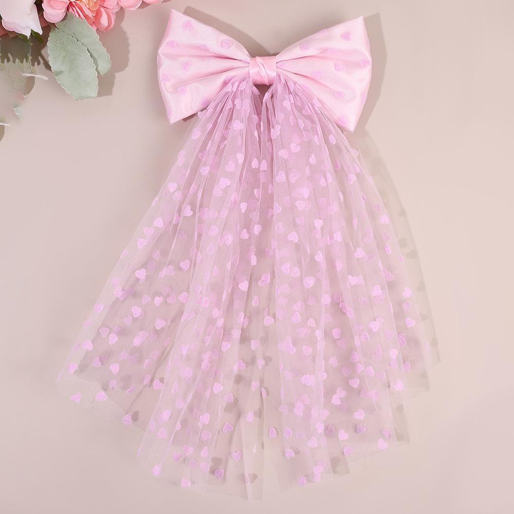 Heart Print Mesh Bow Hair Clips For Women Romantic Red Tull Ponytail Hairpins Girls Valentine's Day Headwear Hair Accessories