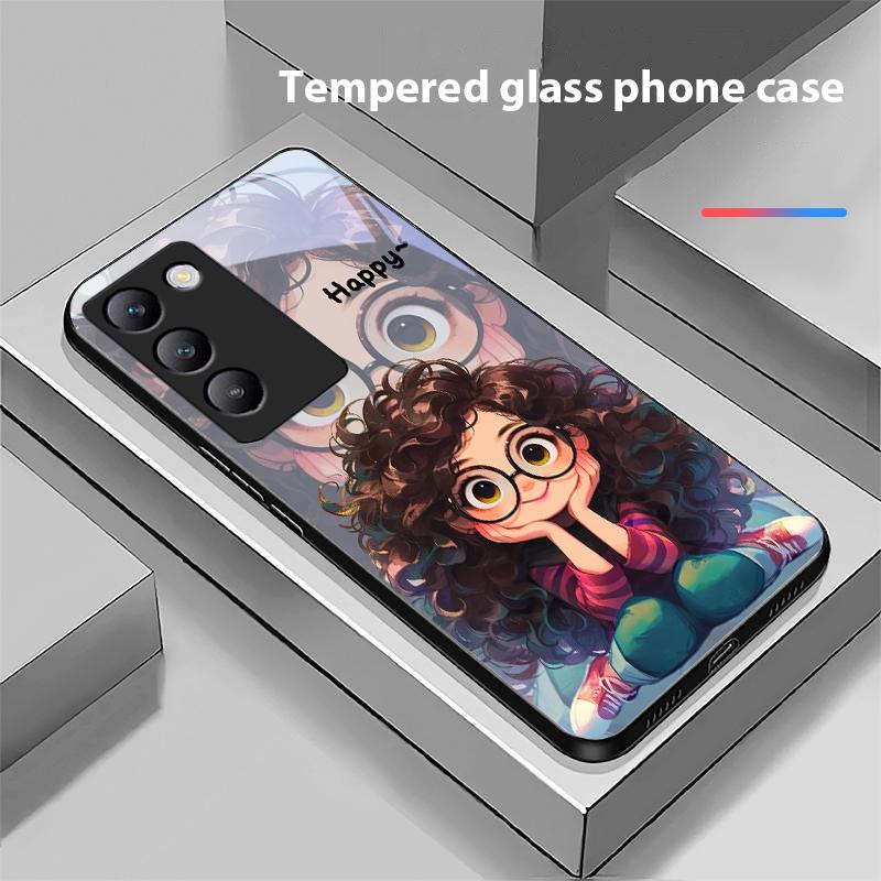 Mädchen mit lockigen Haaren Für Y72 33S 11 03 36 96 Lite 35 16 Iqoo 12 V40 SE 5G 29 40 21 30 X80 Pro Vivo Gehärtetes Glas Handyhülle Schwarz