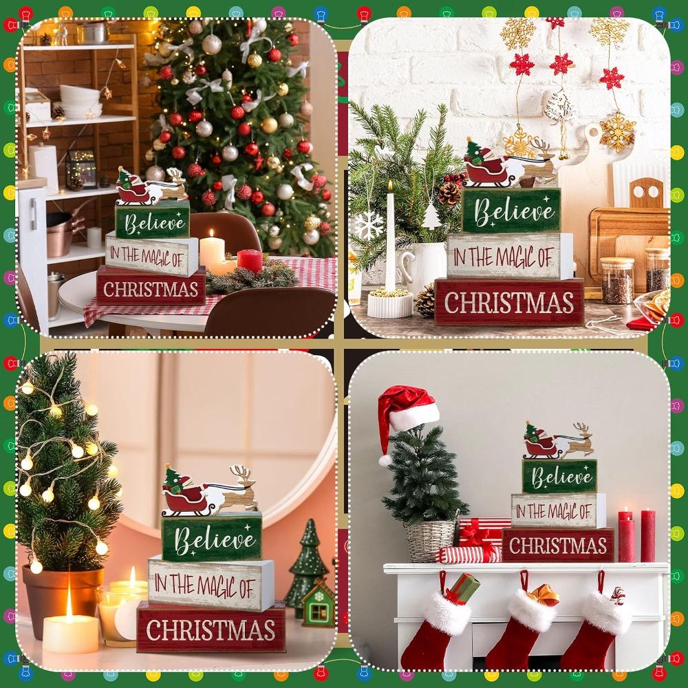 4Pcs Stacked Christmas Table Decoration Wooden Xmas Tiered Tray Decor for Home Kitchen