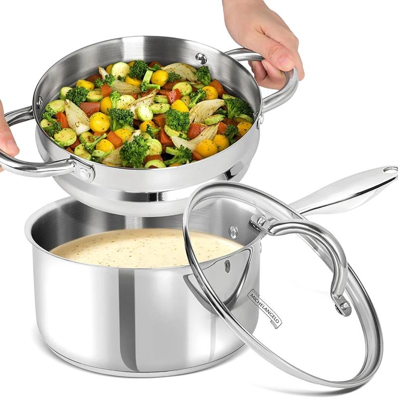 MICHELANGELO Saucepan Set Stainless Steel Sauce Pot with Lid Tri-Ply Bottom Milk Pot Pasta Pot Nonstick Saucepan Dishwasher Safe