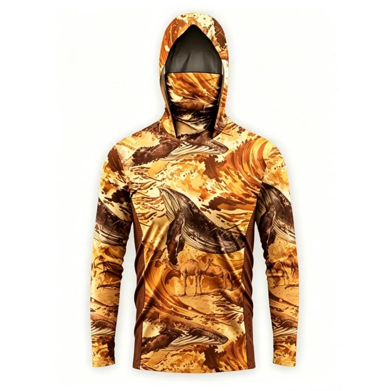 UPF50+ Camo Men Long Sleeve Fishing Hoodie With Face Mask Lightweight Breathable Quick Dry Outdoor Fishing Jersey