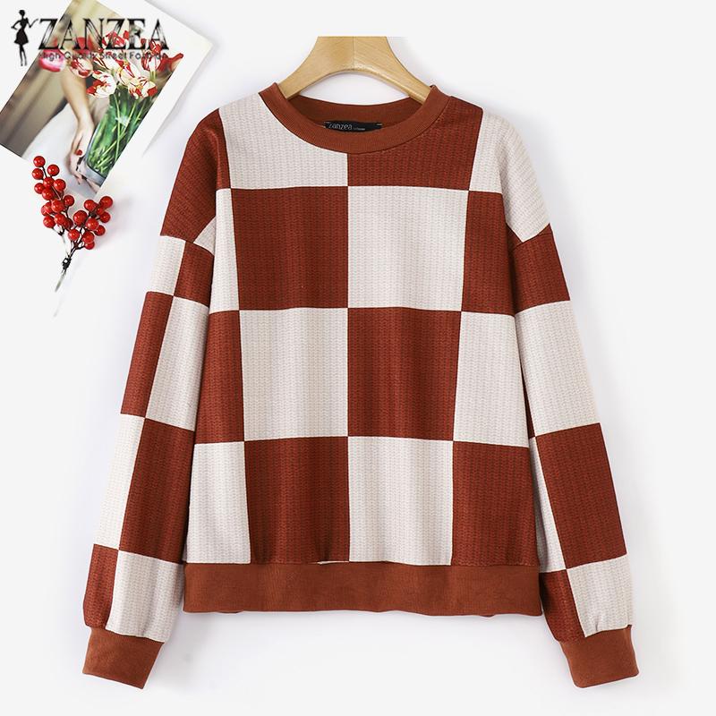 

ZANZEA Women Casual Contrast Plaid Loose Long Sleeve Thin Knitted Blouse 4XL світло-синій колір