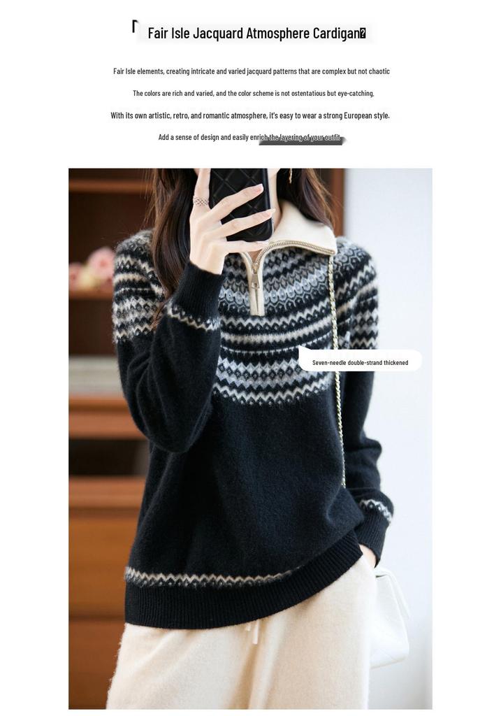 Women's Retro Pure Wool Jacquard Stripe Sweater Jacket with Zipper Stand Collar