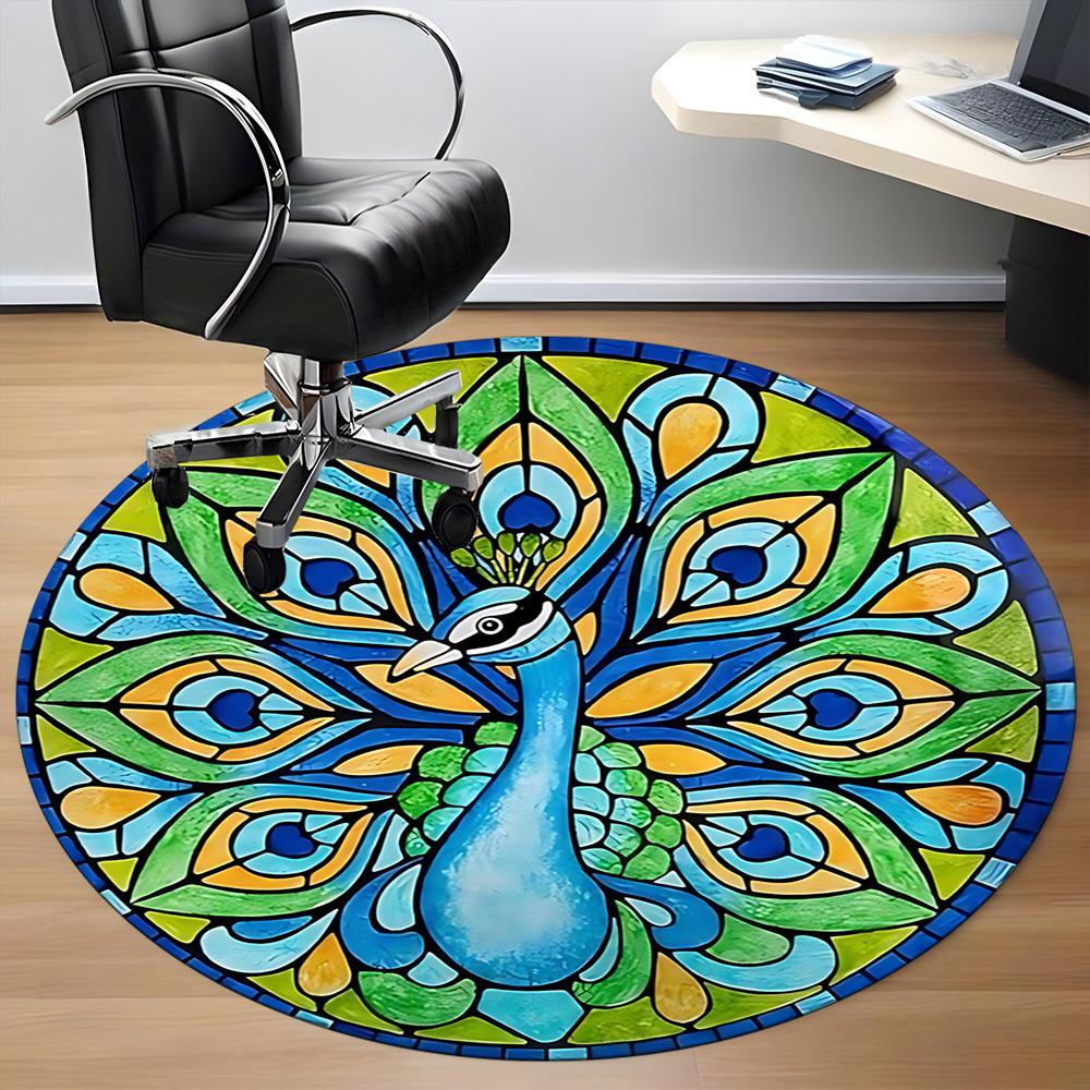 1pc Peacock Stained Glass Office Round Rug, Non-slip, Soft and Durable Office Rug for Interior Decoration, Perfect for Office,Decoration yy260204045