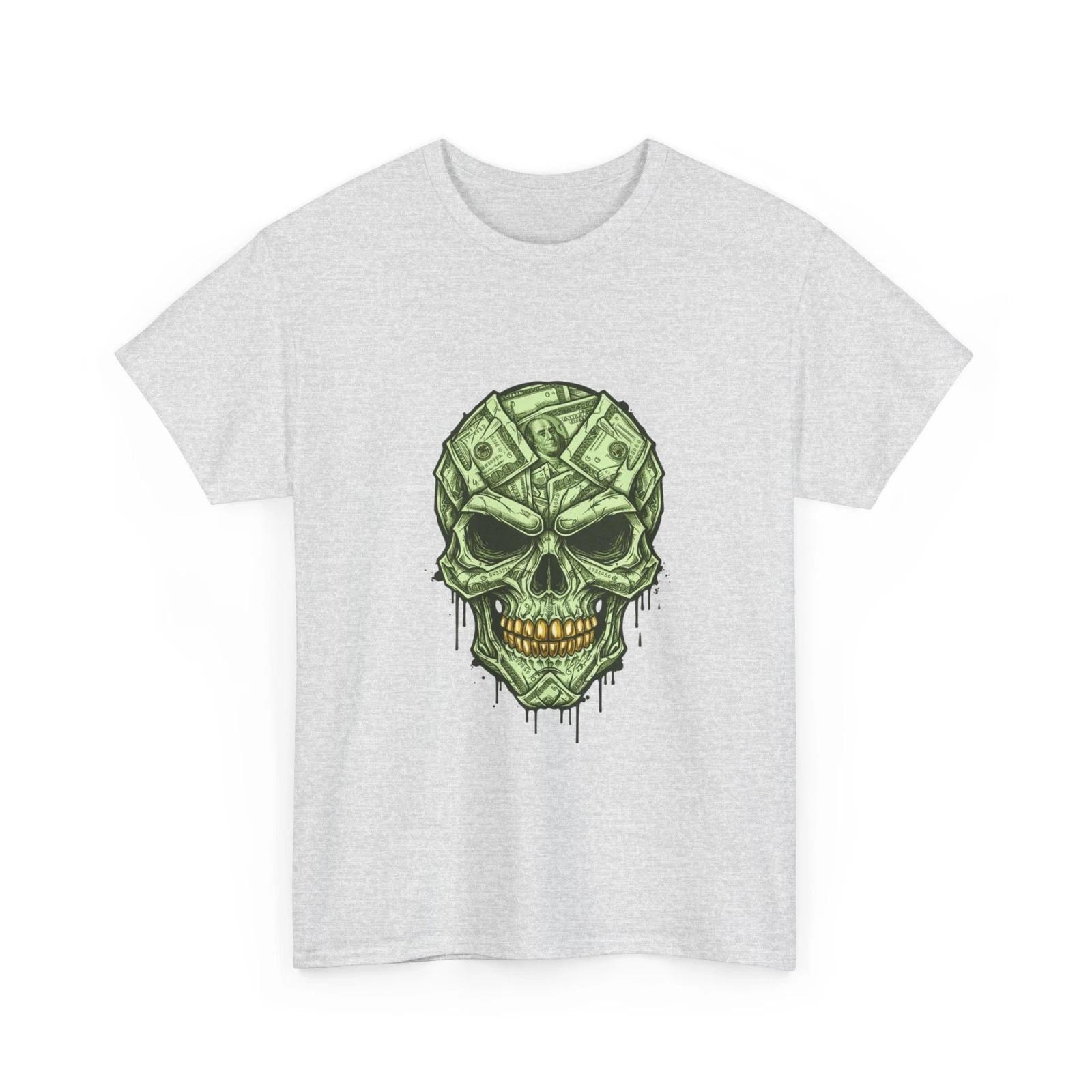 Money Skull Graphic T-Shirt | Green Skull, Dripping Cash Design, Cool Gift Shirt 2XL