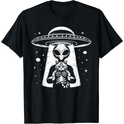 BaruToW Funny UFO Alien Holding A Cat Graphic T-Shirt 100% Cotton Graphic T Shirts for Men Women