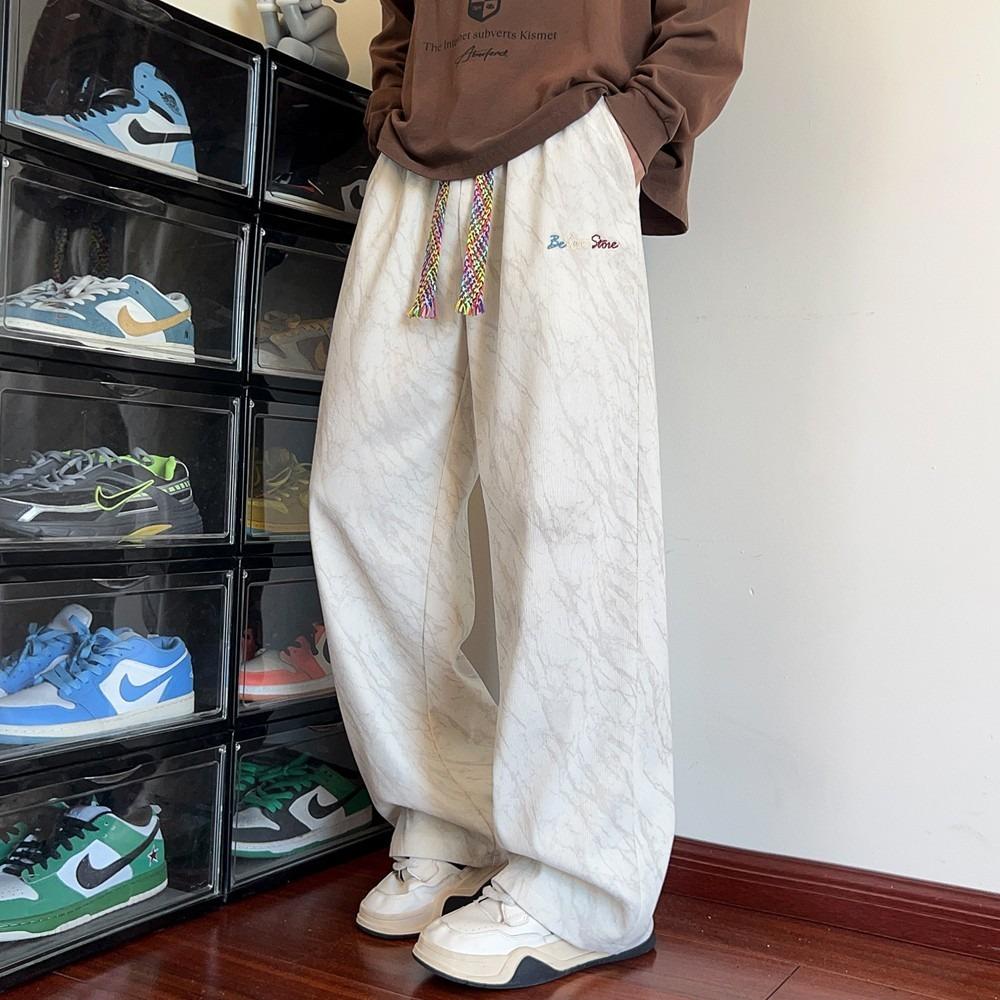 Corduroy Tie-Dye Embroidered Black Casual Pants Men's Trend Teen Loose Straight Pants