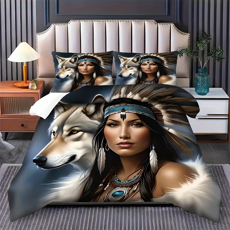Wolf Feather Design Showcase the Dynamic Wildness Natural Elements Combined Theme Pattern Bedding Set 3D Print Duvet Cover Set
