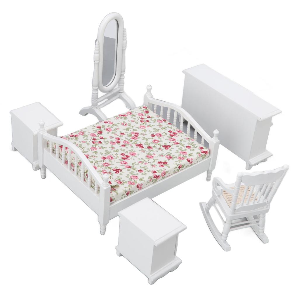 6pcs Set Dollhouse Bedroom Furniture 1:12 Scale Miniature Exquisite DIY Simulation Wooden Doll