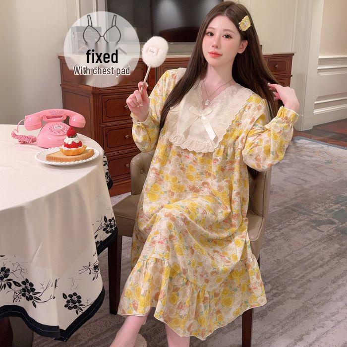 Retro-Blumen-Baumwoll-Nachthemd mit langen Ärmeln & Brustpolstern, Übergröße 220 Jin - Bequem für Frühling & Herbst