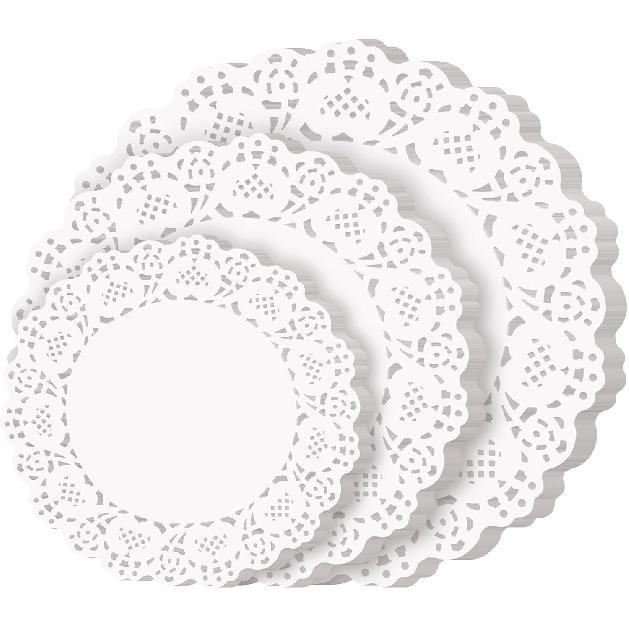 TIPTAP Disposable Paper Doilies,150PCS with sorted Sizes, 6.5IN/8.5IN/10.5IN White Lace Placemat, Tableware Decoration for Dessert Trays, Food,