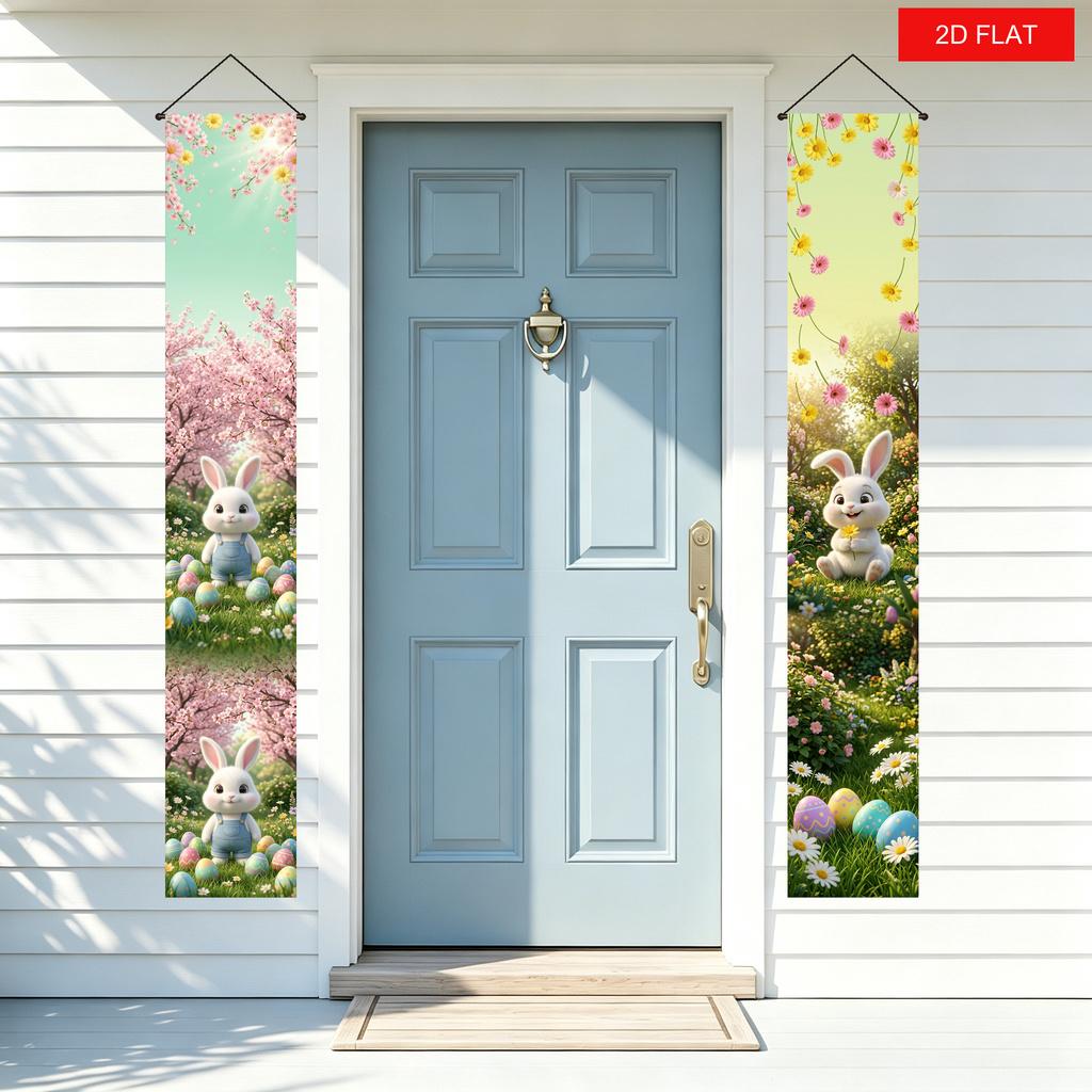 2D Flat, 2pcs Easter Bunny & Egg Hanging Banner - Spring Floral Welcome Door Decoration with Rabbit Couplets, Suitable for Porch, Photo Booth Backdrop