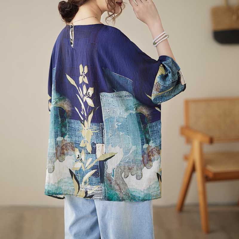Summer Cotton Linen Blouse Ethnic Style Bat Sleeve Loose Large Size Women's Round Neck T-shirt