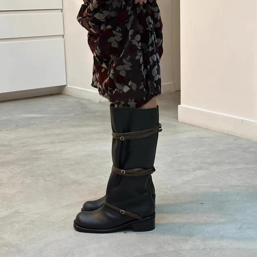 Belt Buckle Knight Boots New Thick Heel Round Head Stacking Boots Leather Boots Slim High Heel High Boots Women