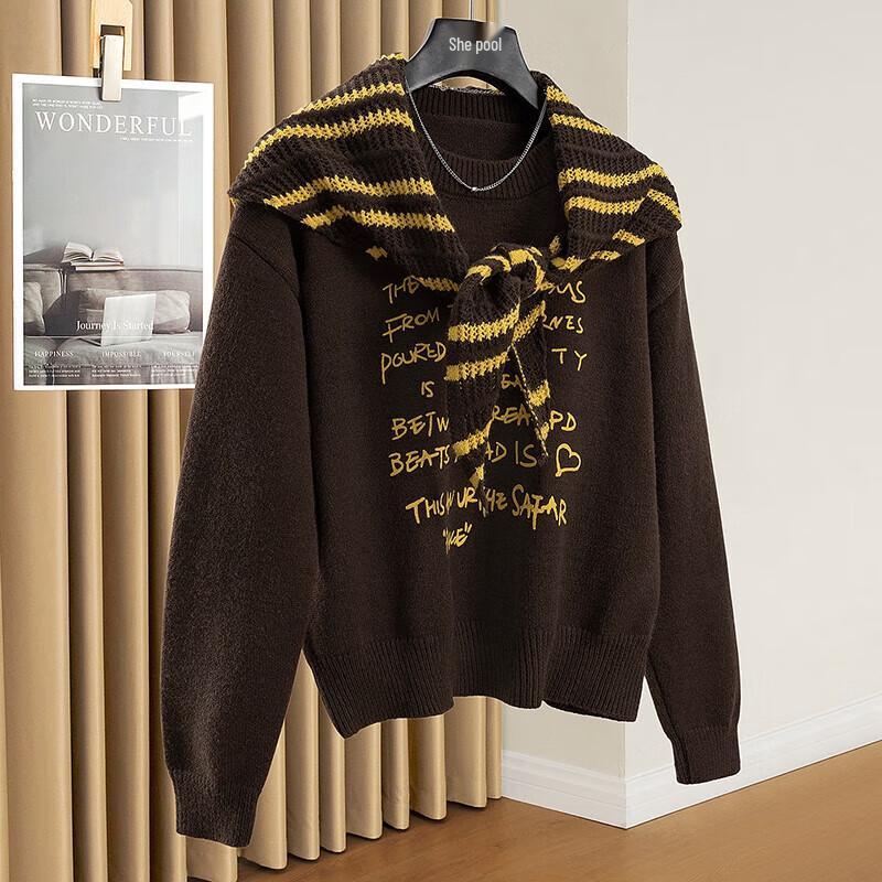 

Women s Color Block Letter Round Neck Sweater One Size