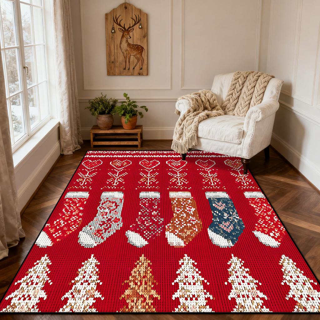 Christmas Style Red Living Room Carpet Christma Tree Decoration Bedroom Fluffy Thickened Rug Indoor Cloakroom Non-slip Floor Mat