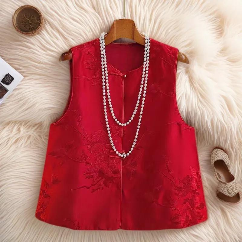 Women s Red Chinese-Style Spring/Fall Vest: Short, Retro-Style Embroidered Button-Front Top for Petite Women XS