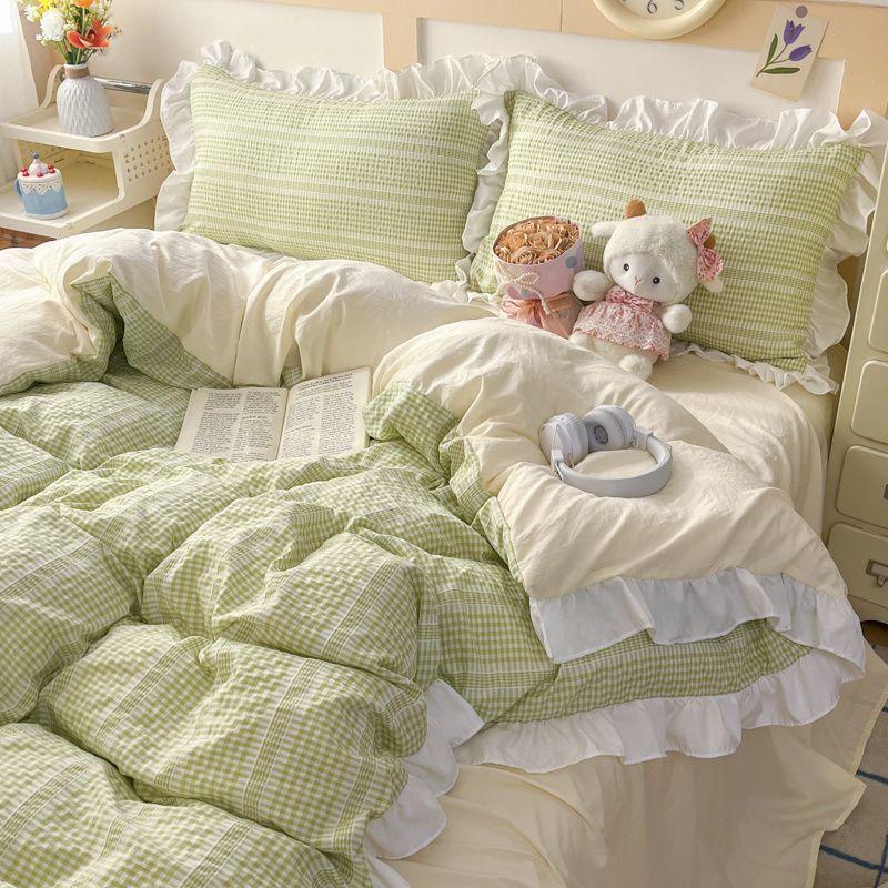 Ins Princess Style Bedding Sets Ruffle Blue Pink Girls Quilt Cover Romantic Bed Sheet Set Duvet Cover With Pillowcases 4pcs