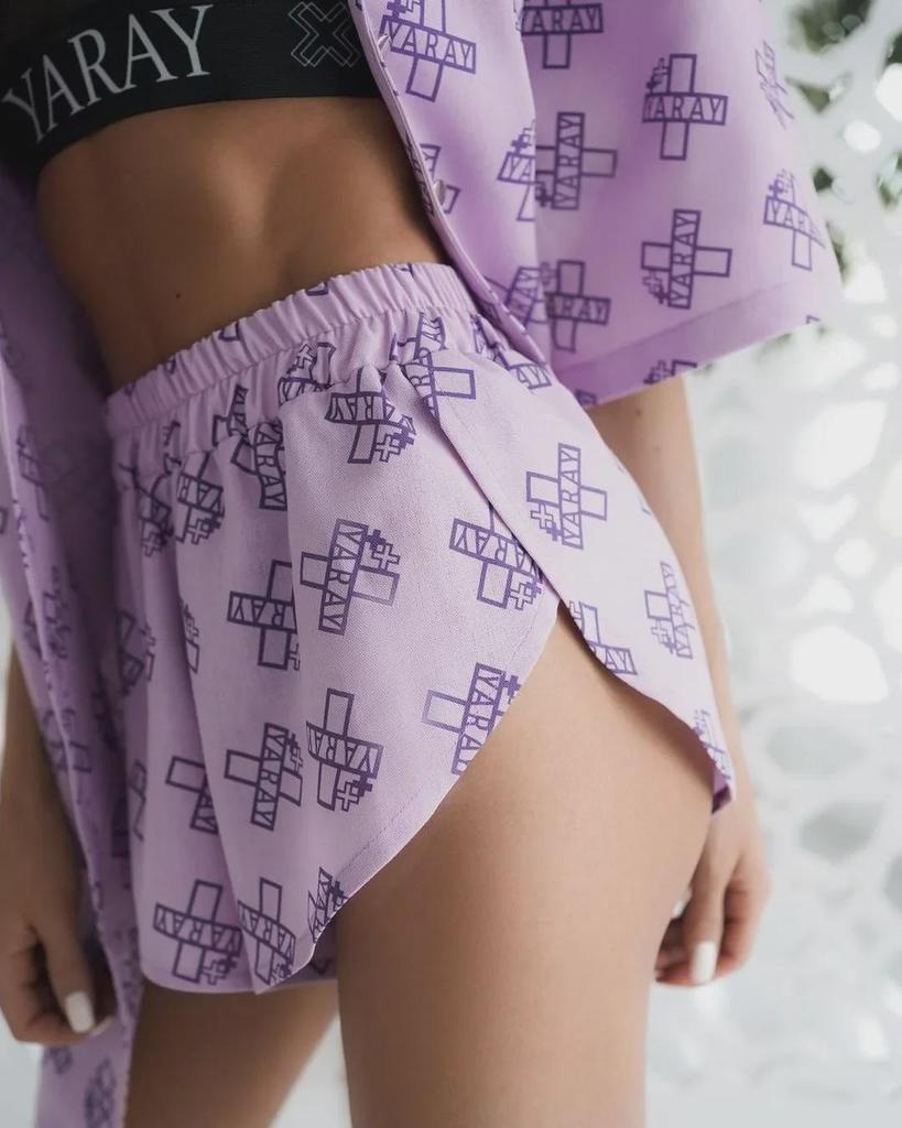 Women's Loose Long-Sleeve Print Lace-Up High Waist Shorts Suit
