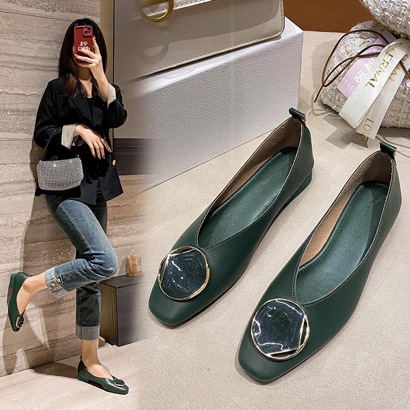Fashion Shallow Mouth Single Shoes Women's 2024 New Retro Buckle Low Heel Flat Shoes Square Headed Soft Leather Mary Jane Shoes