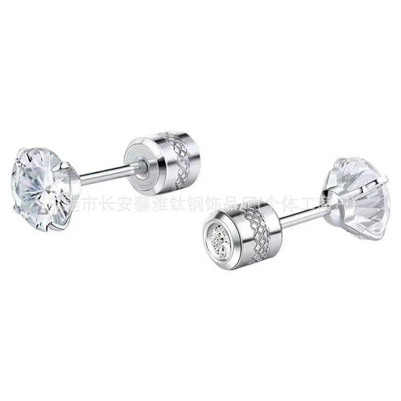 Women Gold Tone Titanium Steel Round Clear Zircon Screw Back Stud Earrings