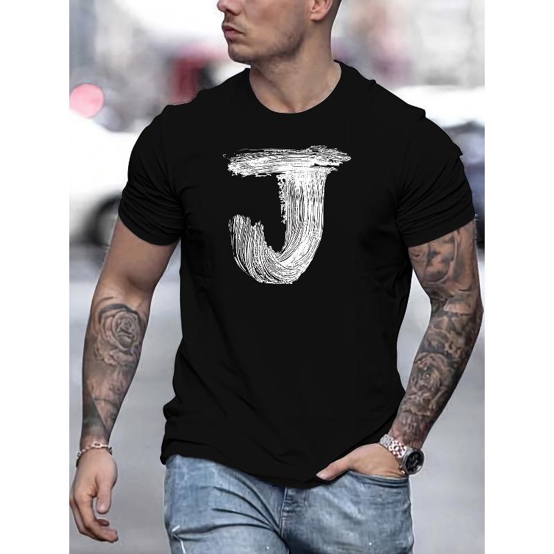 

European size The Letter J Pattern Simple Print Tee Shirt, Tees For Men, Casual Short Sleeve T-shirt For Summer Funny Soft Tees 4XL чорний