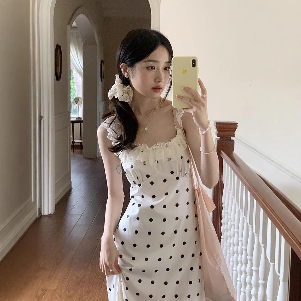 Halter polka dot dress lace lace splicing women's summer new design sense thin lace-up vest long dress tide