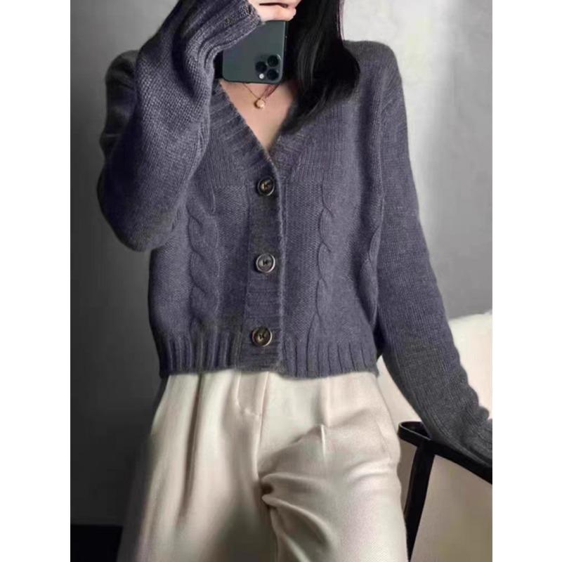 Autumn and Winter V-neck New Cardigan Women Short Sweater Thickened Solid Color Twisted Outside Coats Loose Casual Simple Clothing