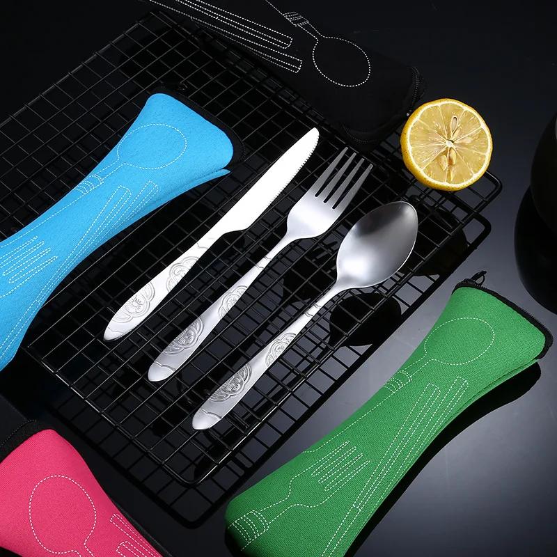 3pcs/7pcs Set Dinnerware Portable Printed Stainless Steel Spoon Fork Steak Knife Set Travel Cutlery Tableware with Bag