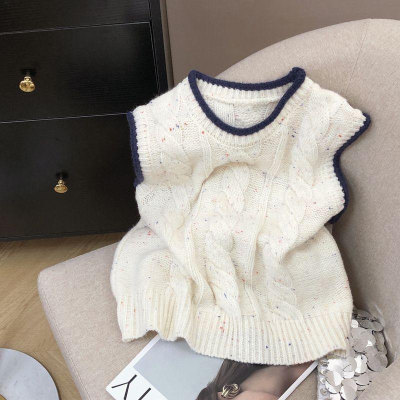 Color Block Round Neck Fried Dough Twists Pattern Knitted Vest for Women Autumn and Winter Loose Knitted Vest